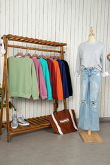 Smoke Green Solid Fleece Lined Drop Shoulder Terry Sweatshirt Sweatshirts & Hoodies JT's Designer Fashion