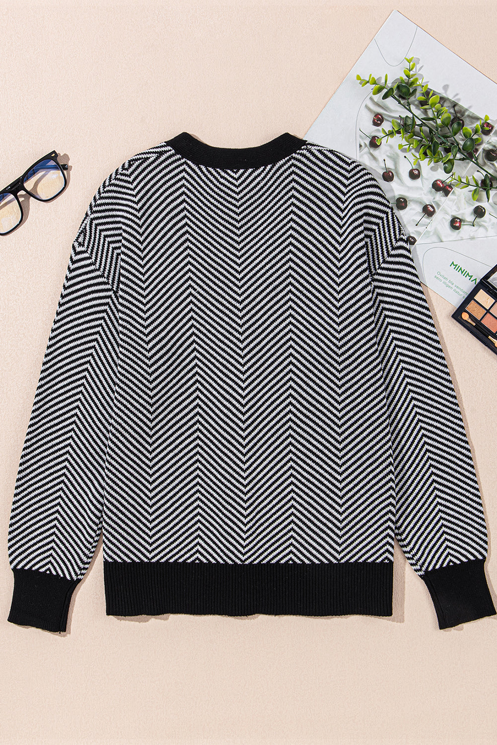 White Stripe Buttoned Front V Neck Herringbone Cardigan Cardigans JT's Designer Fashion