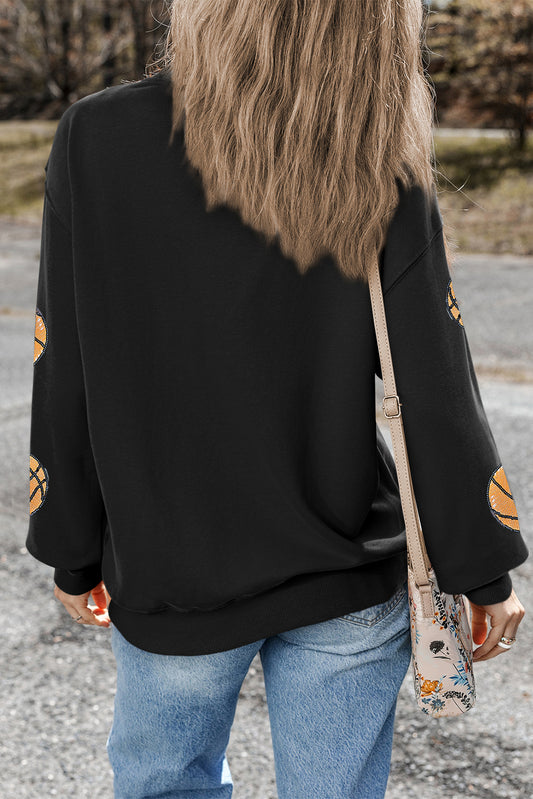 Black Sequin Ball Patched Crewneck Game Day Sweatshirt Graphic Sweatshirts JT's Designer Fashion