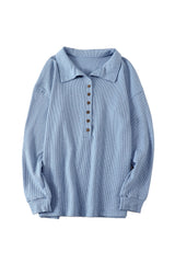 Sky Blue Button Front Turn-down Neck Knit Top Long Sleeve Tops JT's Designer Fashion