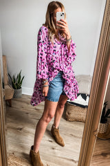 Rose Leopard Print Buttoned Front 3/4 Sleeve Tiered Ruffled Hem Dress Mini Dresses JT's Designer Fashion