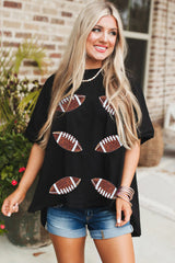 Black Sequin Rugby Football Patched Crewneck Loose T Shirt Graphic Tees JT's Designer Fashion
