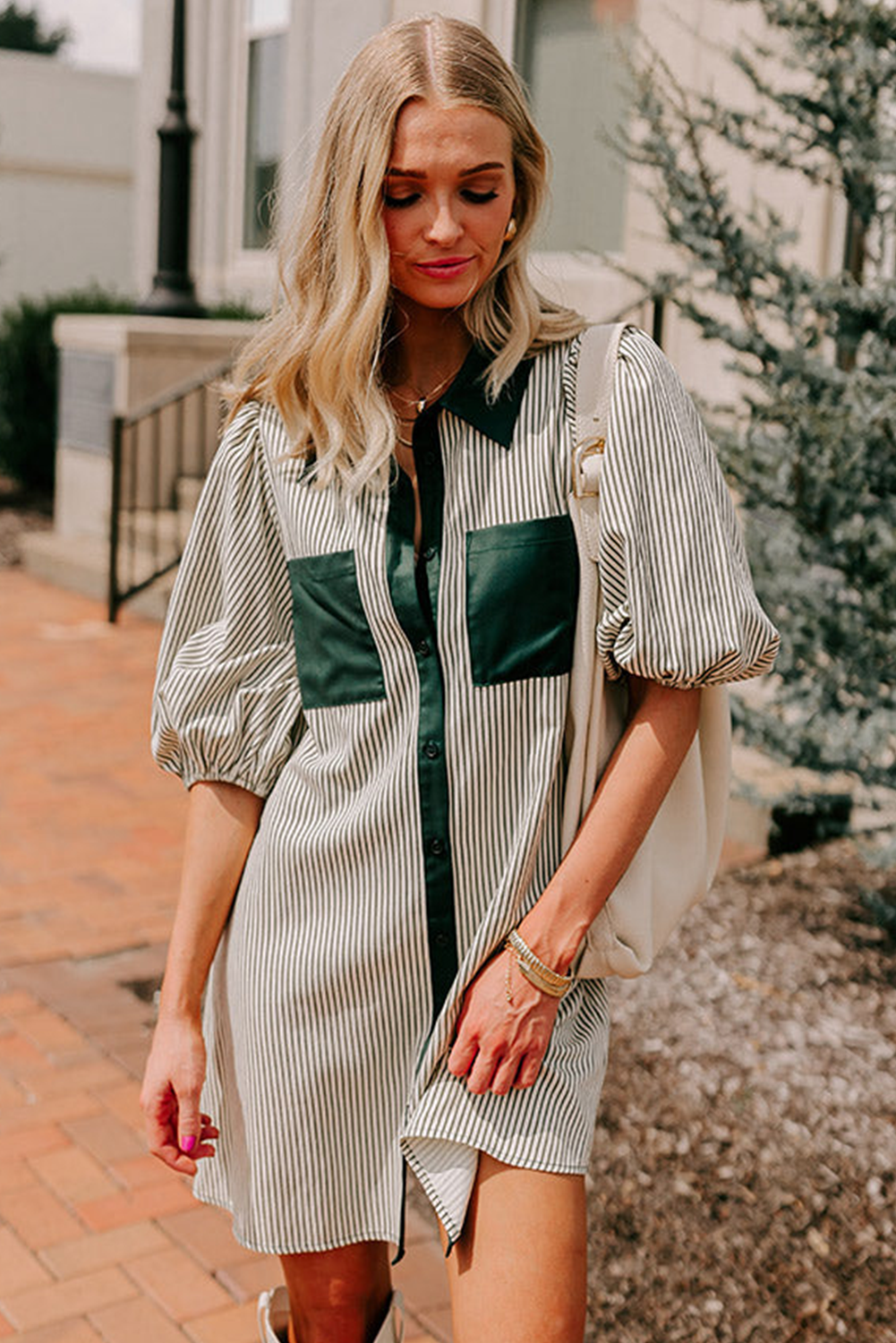 Green Patch Pockets Button Down Short Puff Sleeve Dress Mini Dresses JT's Designer Fashion