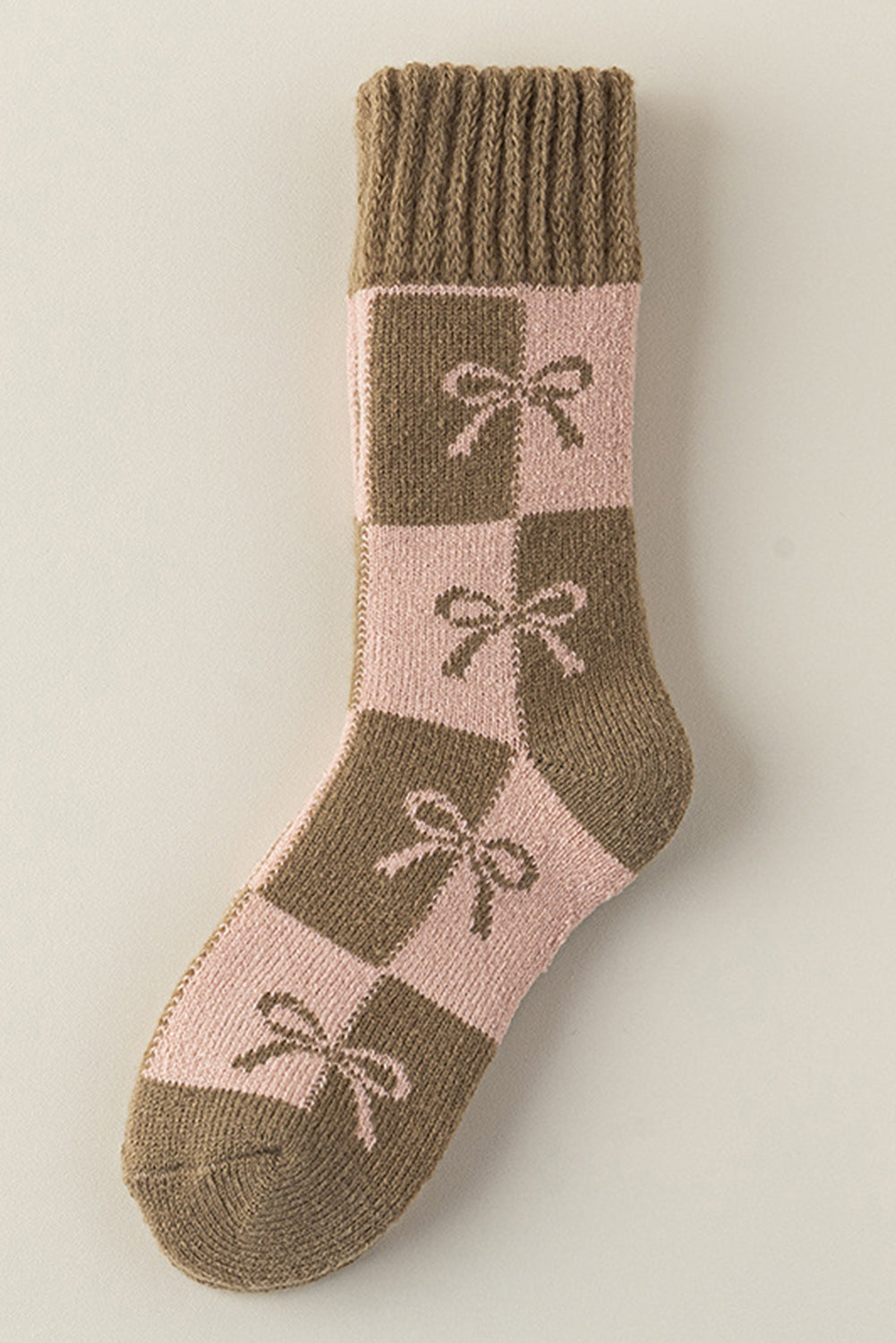 Sage Green Checkered Bowknot Printed Thermal Mid Calf Socks Socks JT's Designer Fashion