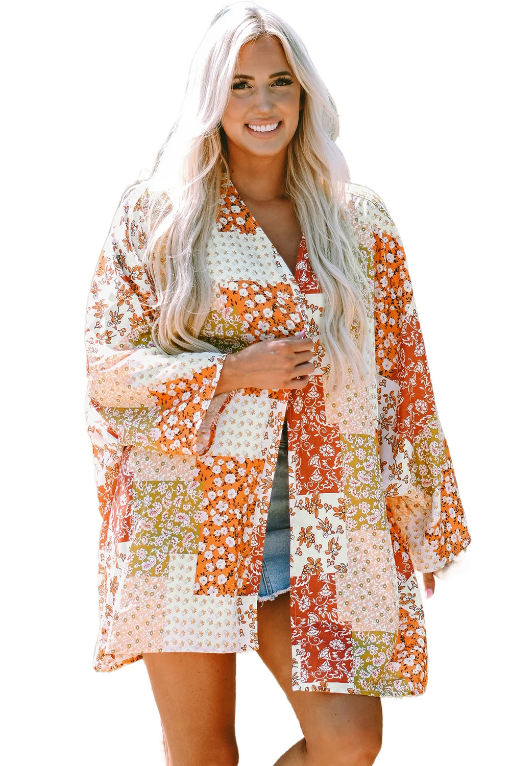 White Boho Patchwork Floral Open Front Kimono Kimonos JT's Designer Fashion