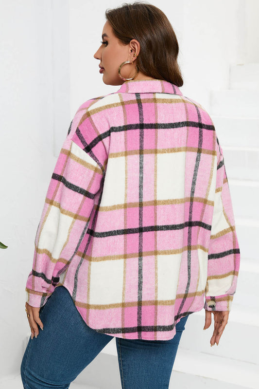 Pink Plaid Color Block Buttoned Long Sleeve Jacket with Pocket Plaid Shackets JT's Designer Fashion