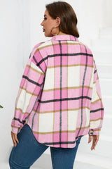Pink Plaid Color Block Buttoned Long Sleeve Jacket with Pocket Plaid Shackets JT's Designer Fashion