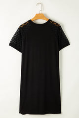 Black Contrast Lace Raglan Sleeve Pleated Detail Shift Dress T Shirt Dresses JT's Designer Fashion