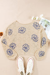 Beige Contrast Flower Print Eyelet Drop Shoulder Sweater Sweaters JT's Designer Fashion
