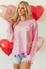 Pink Pearl Beaded Bowknot Pattern Distressed Split Hem Sweater Sweaters JT's Designer Fashion