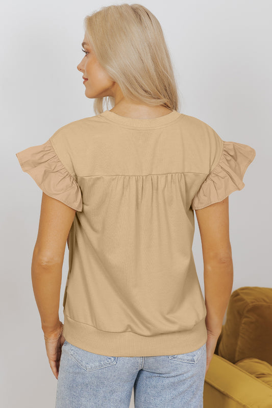 Parchment Two Tones Ribbon Bow Ruffle Sleeve Top Blouses & Shirts JT's Designer Fashion