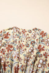 Yellow Printed Floral Bell Sleeve V Neck Wrapped Contrast Peplum Blouse Blouses & Shirts JT's Designer Fashion