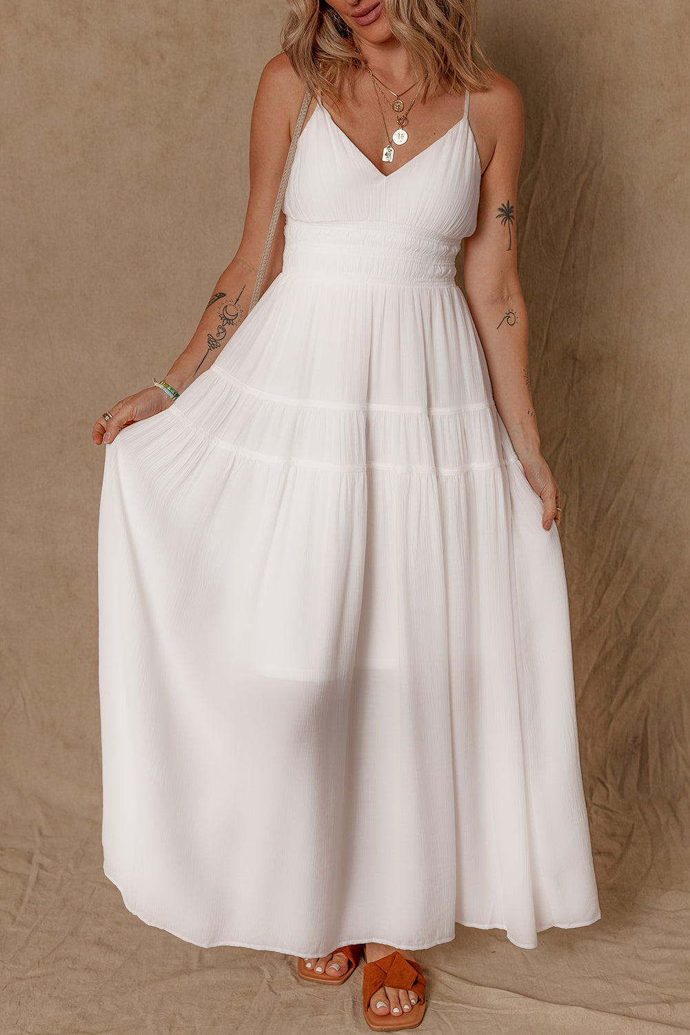 White Spaghetti Straps High Waist Elegant Long Dress Maxi Dresses JT's Designer Fashion