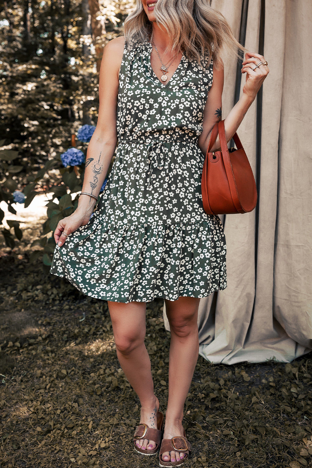 Green Boho Floral Print V Neck Tunic Sleeveless Dress Floral Dresses JT's Designer Fashion