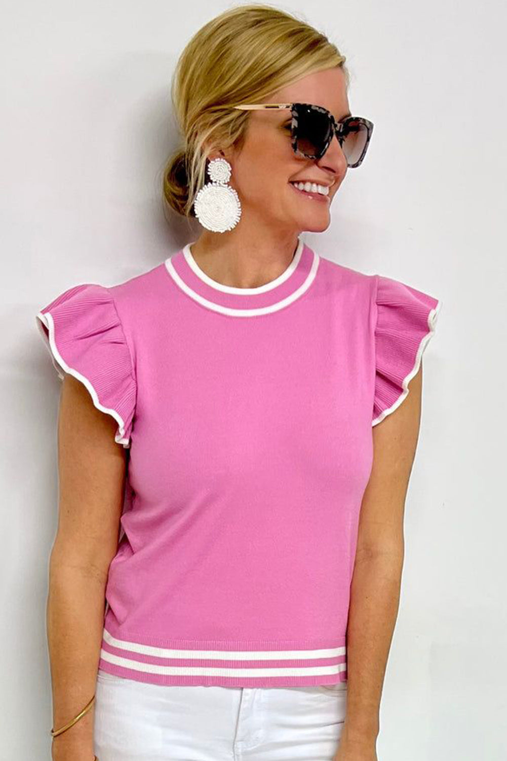 Bonbon Edge Piping Ruffled Sleeve Round Neck Knit T Shirt Sweaters & Cardigans JT's Designer Fashion