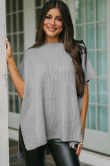 Gray Short Sleeve Side Slit Oversized Sweater Sweaters & Cardigans JT's Designer Fashion
