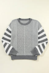 Gray Stripe Geometric Textured Drop Shoulder Sweater Sweaters JT's Designer Fashion