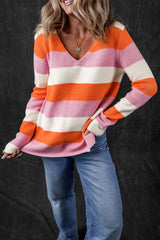 Orange Stripe Colorblock V Neck Casual Sweater Sweaters JT's Designer Fashion