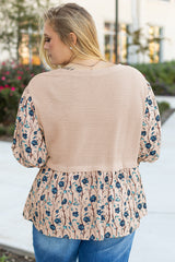 Beige Faux Two Piece Knit Patchwork Floral Print Plus Size Top Plus Size Blouses & Shirts JT's Designer Fashion