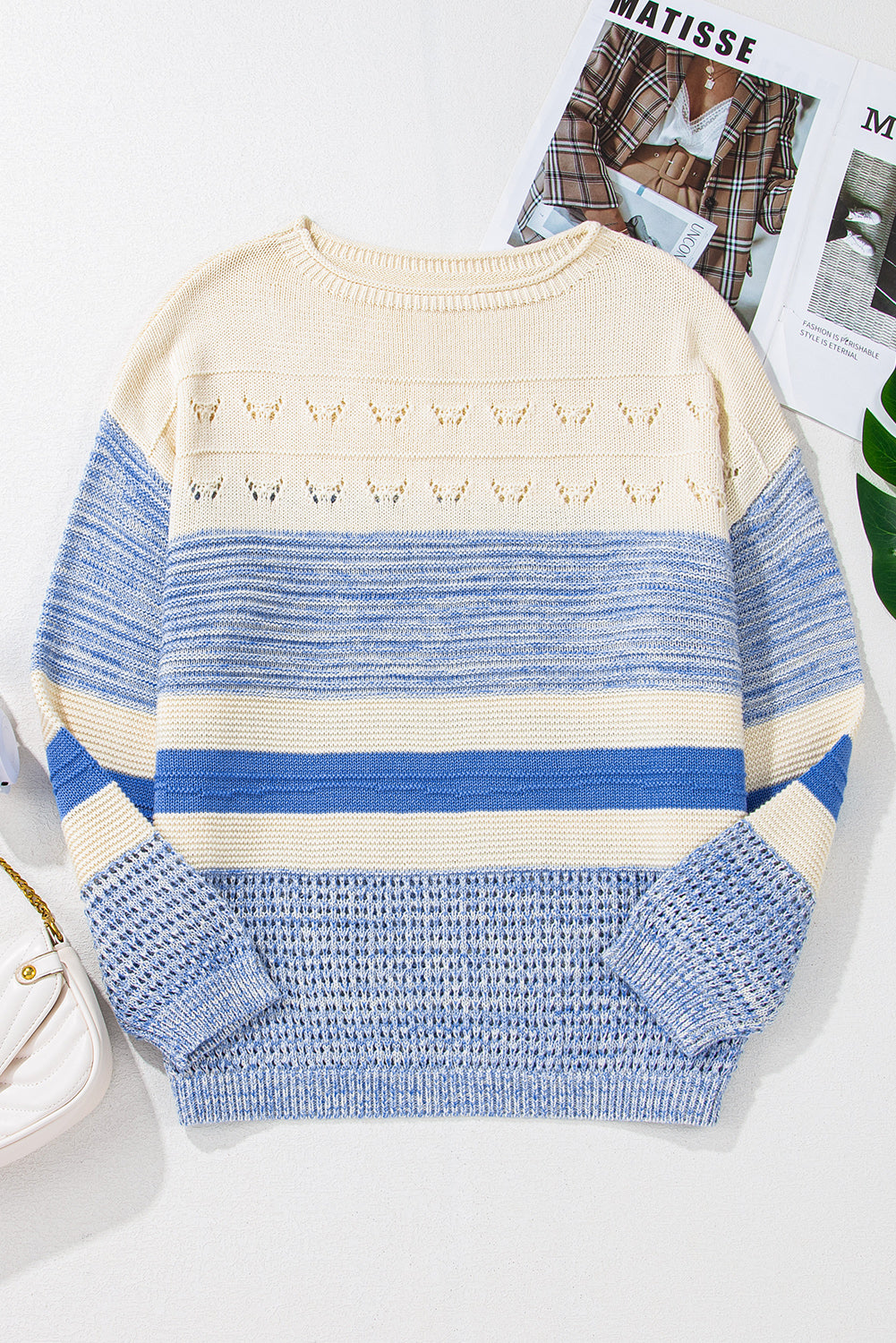 Light Blue Open Stitch Puff Sleeve Sweater Sweaters JT's Designer Fashion