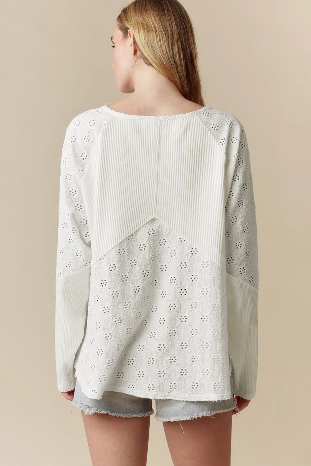 White Twisted Rib Patchwork Embroidered Loose V Neck Long Sleeve Top Blouses & Shirts JT's Designer Fashion