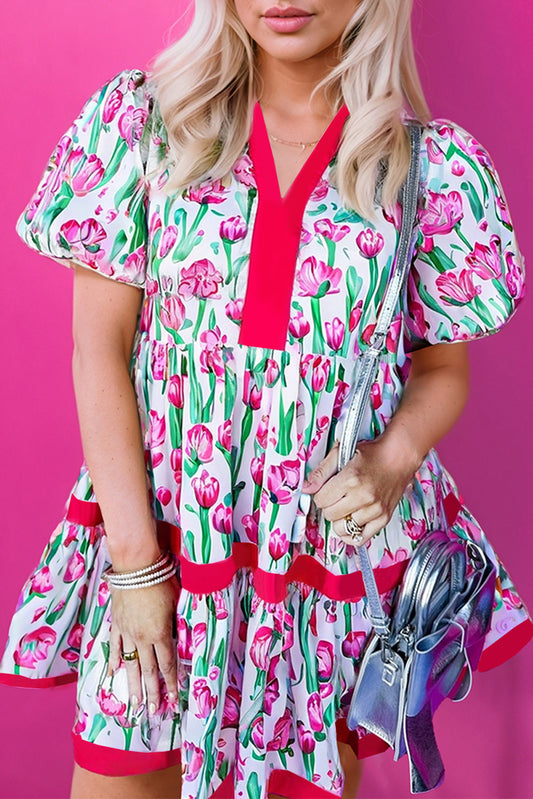 Pink Floral Print Contrast Trim V Neck Bubble Short Sleeve Babydoll Dress Floral Dresses JT's Designer Fashion