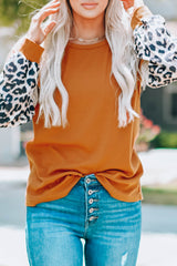 Brown Leopard Sequin Patchwork Long Sleeve Top Long Sleeve Tops JT's Designer Fashion