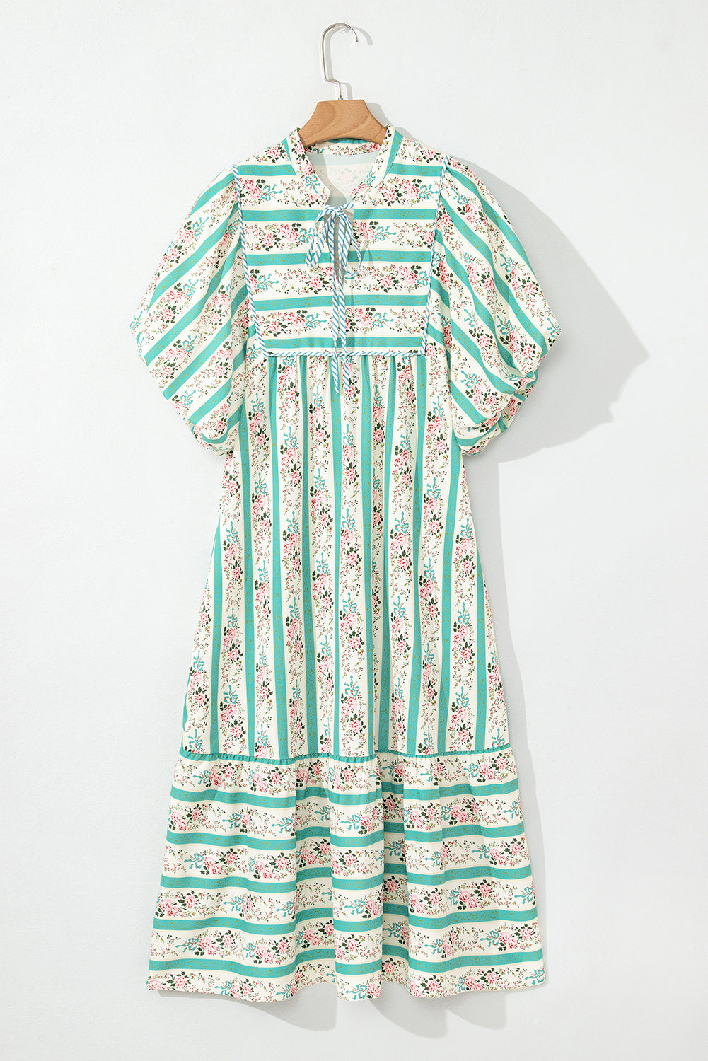 Multicolour Striped Floral Print Tie Split Neck Puff Sleeve Midi Dress Floral Dresses JT's Designer Fashion