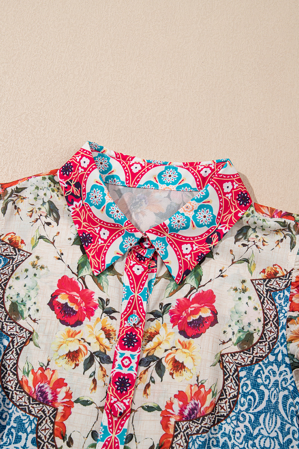 Rose Floral Mixed Pattern Ruffle Flutter Sleeve Buttoned Dress Floral Dresses JT's Designer Fashion