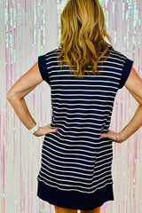 Navy Blue Striped Quarter Zip Collared Cap Sleeve Mini Dress Dresses JT's Designer Fashion
