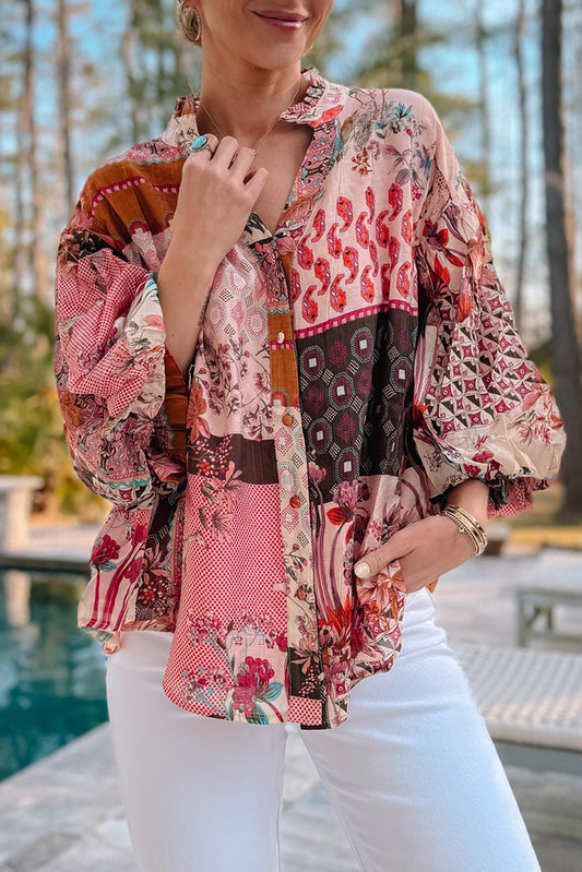 Red Boho Geometric Mixed Print Patchwork Bubble Sleeve Shirt Red 100%Polyester Blouses & Shirts JT's Designer Fashion