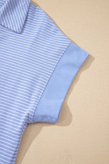Sky Blue Stripe Dolman Sleeve Polo Shirt and Drawstring Shorts Set Short Sets JT's Designer Fashion