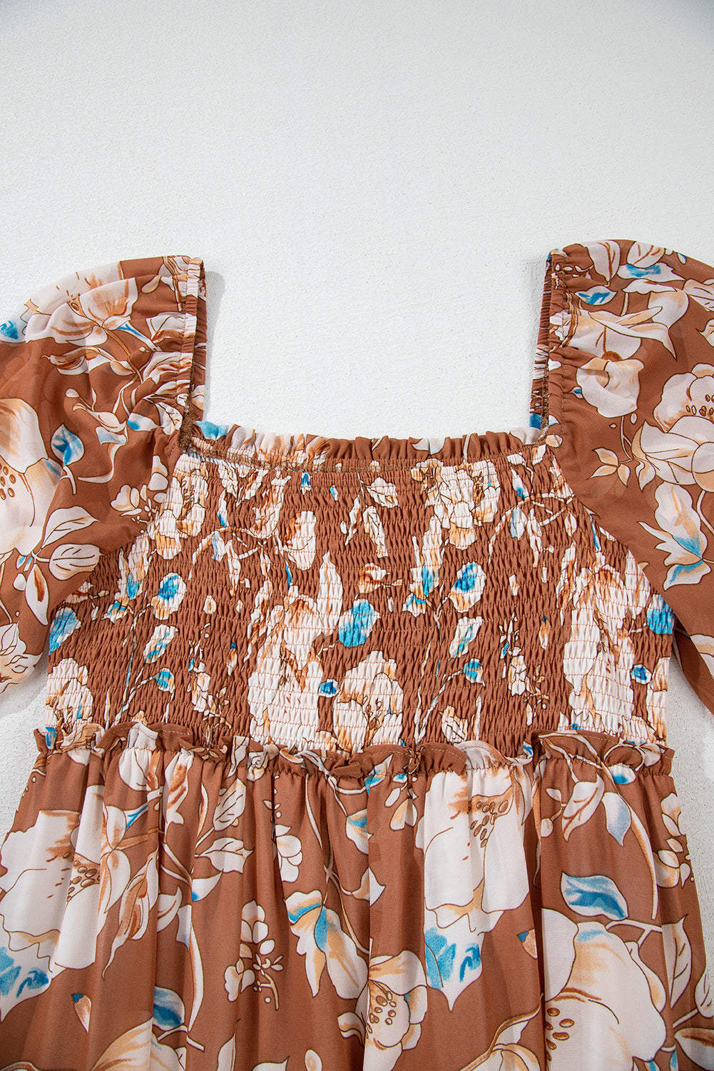 Brown Floral Print Shirred Square Neck High Waist Long Dress Maxi Dresses JT's Designer Fashion