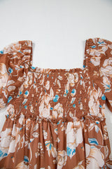 Brown Floral Print Shirred Square Neck High Waist Long Dress Maxi Dresses JT's Designer Fashion