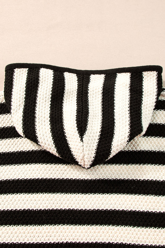 White Stripe V Neck Pocketed Drawstring Hooded Sweater Sweaters JT's Designer Fashion