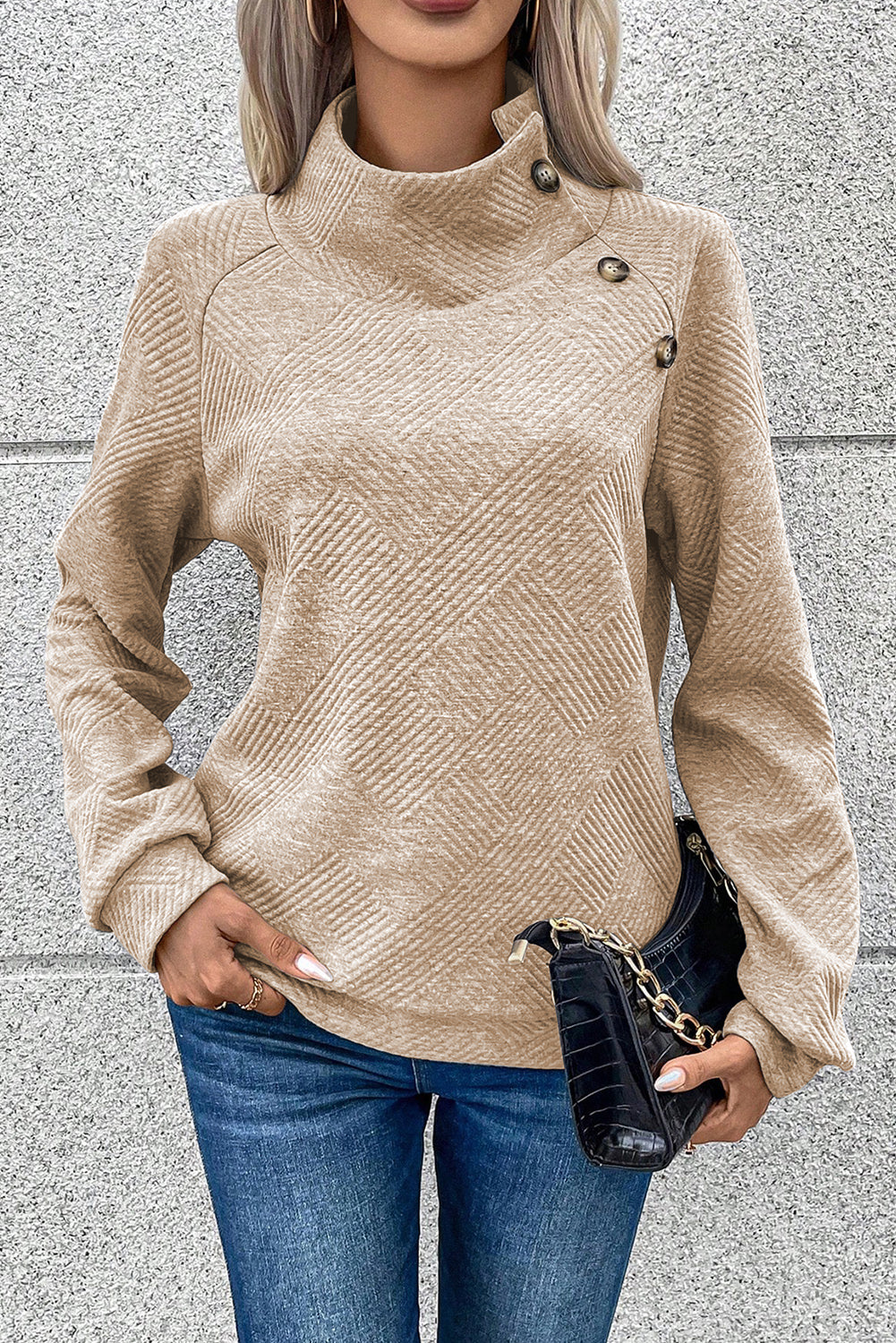 Apricot Asymmetric Buttons Detail High Neck Textured Sweatshirt Sweatshirts & Hoodies JT's Designer Fashion
