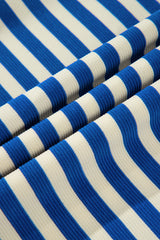 Dark Blue Stripe Print Contrast Collar Split Neck Flutter Sleeve Short Dress Mini Dresses JT's Designer Fashion