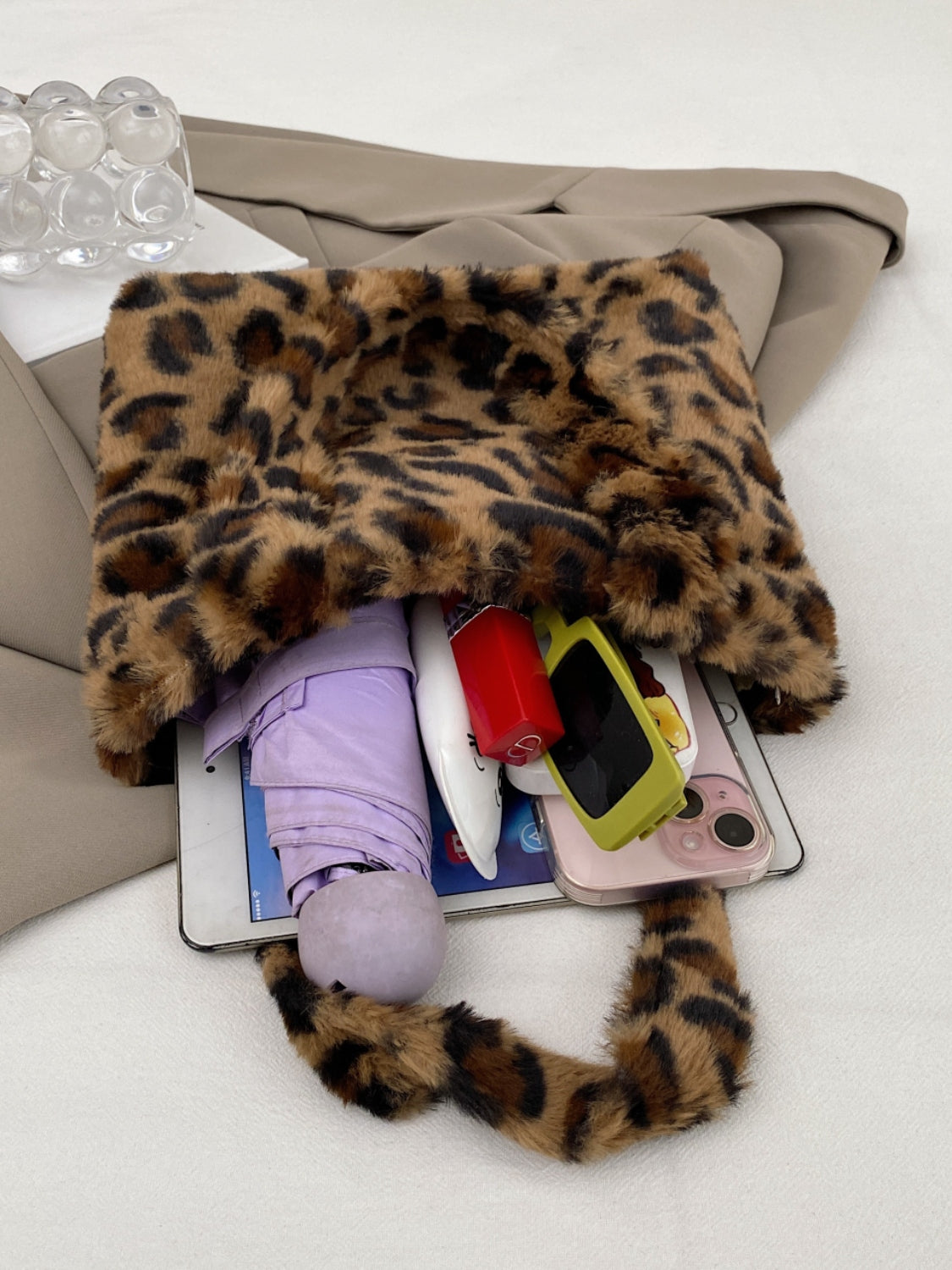 Leopard Fluff Handbag with Zip Shoulder Bags JT's Designer Fashion