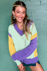 Green Stitched V Neck Color Block Knitted Drop Shoulder Sweater Sweaters JT's Designer Fashion