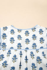 Sky Blue Floral Puff Sleeve Tied Neck Pocketed Mini Dress Floral Dresses JT's Designer Fashion