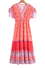 Red Floral Print Tasseled Tied Sleeve Empire Waist Maxi Dress Floral Dresses JT's Designer Fashion