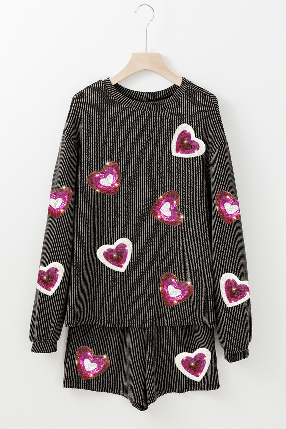 Carbon Grey Valentine Sequin Heart Corded Pullover and Shorts Set Graphic Sets JT's Designer Fashion