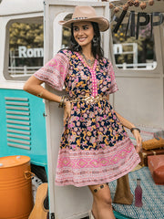 Printed V-Neck Short Sleeve Dress Mini Dresses JT's Designer Fashion