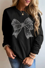 Black Rhinestone Bowknot Graphic Crewneck Pullover Sweatshirt Black 50%Polyester+50%Cotton Graphic Sweatshirts JT's Designer Fashion