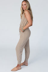 Smoke Gray Drawstring Pockets Notched Neck Sleeveless Jogger Jumpsuit Bottoms JT's Designer Fashion