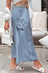 Beau Blue Buttoned Front High Waist Side Pockets Denim Maxi Skirt Skirts & Petticoat JT's Designer Fashion