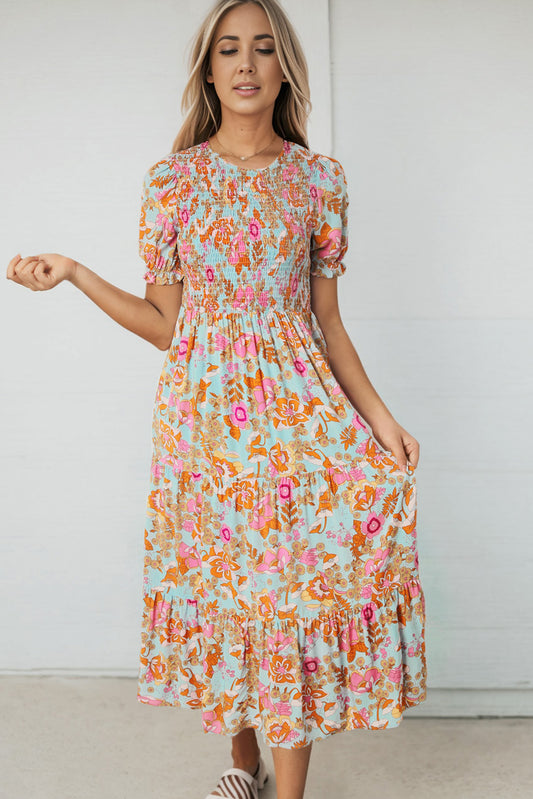 Sky Blue Floral Bubble Sleeve Smocked Flowy Ruffle Dress Sky Blue 100%Viscose Floral Dresses JT's Designer Fashion