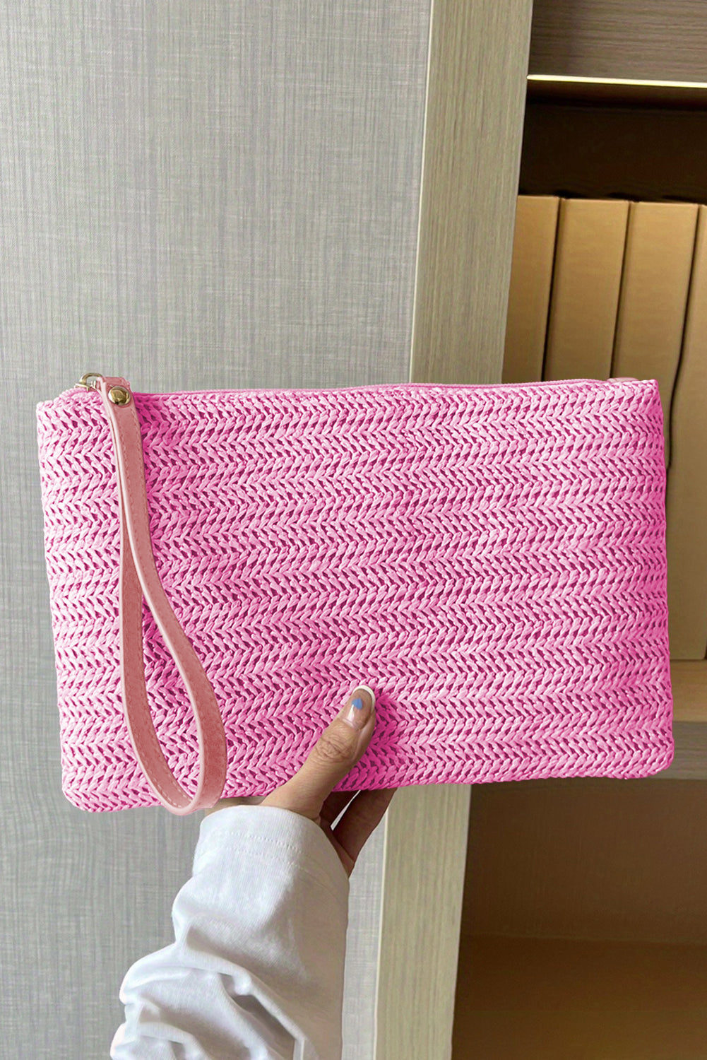 Rose Red Straw Woven Wrist Strap Zipper Large Wallet Handbags JT's Designer Fashion