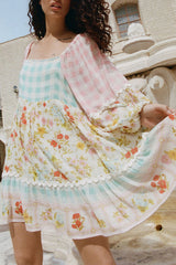 Pink Ric Rac Plaid Floral Print Patchwork Bubble Sleeve Dress Pink 100%Polyester Floral Dresses JT's Designer Fashion