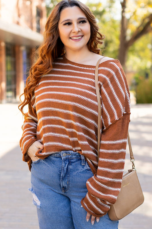 Brown Stripe Drop Shoulder Casual Sweater Sweaters JT's Designer Fashion